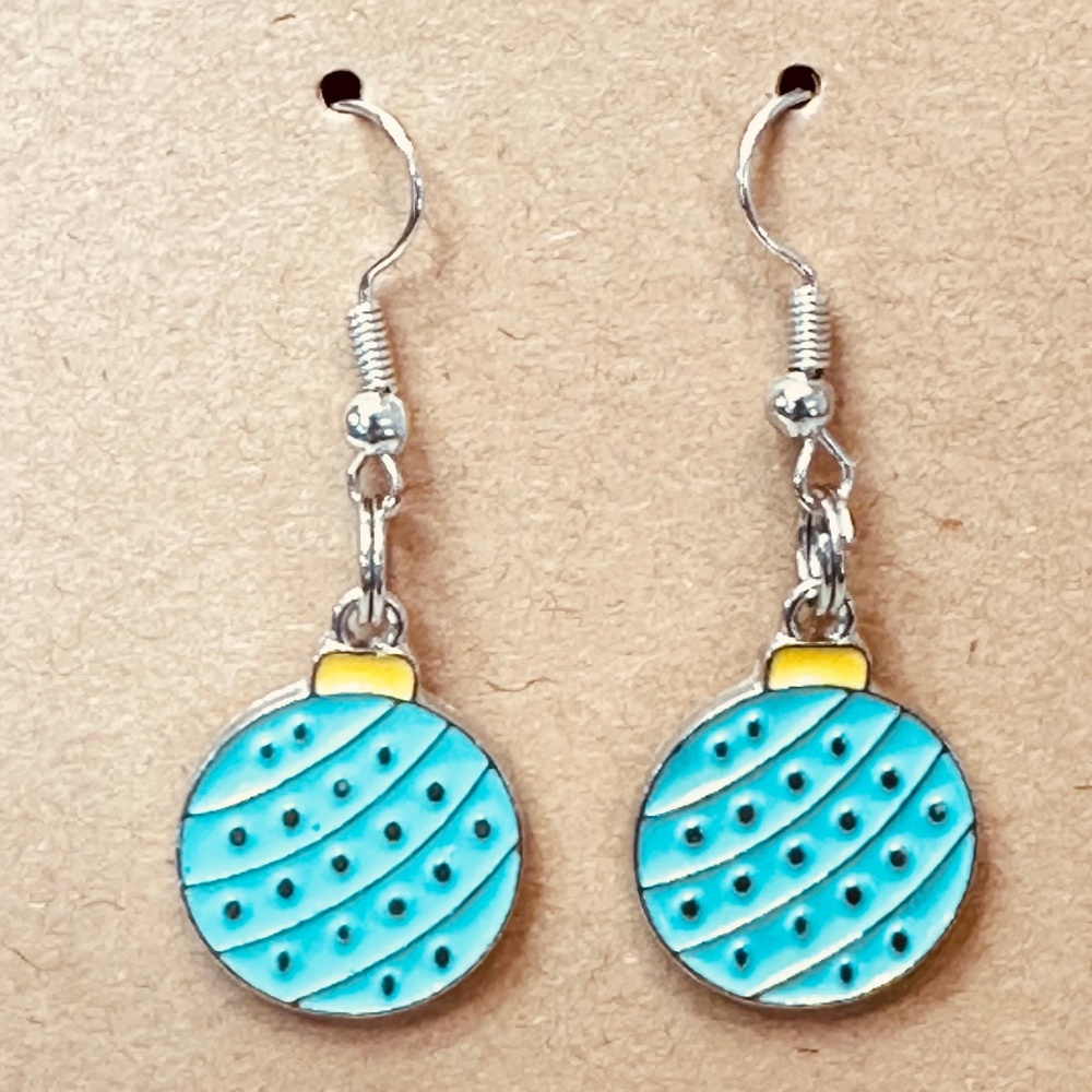Handmade Teal Christmas Ornament Earrings Stainless Steel Enamel Dangle Hooks